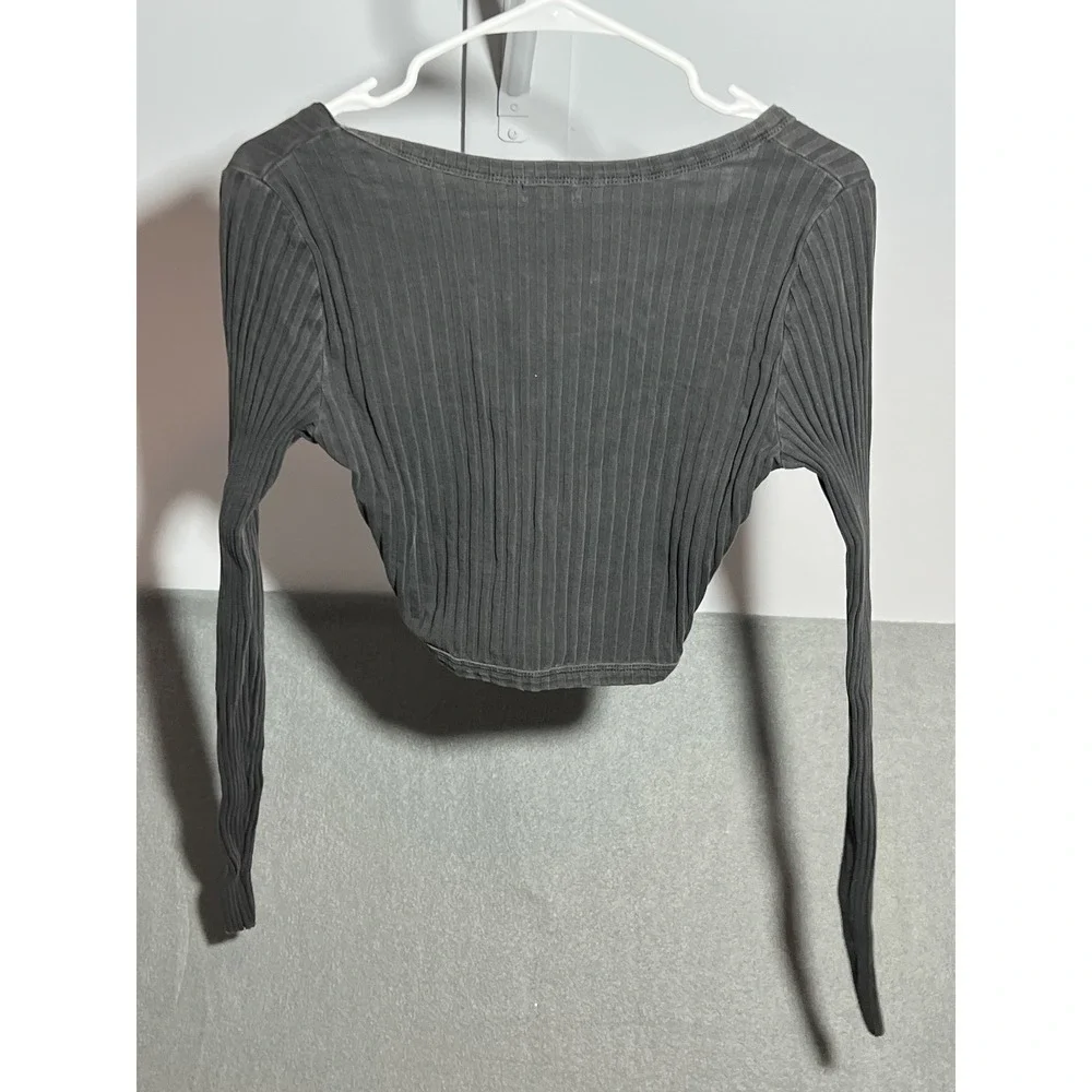 Aerie Ribbed Button Front Crop Top Long‎ Sleeve Washed Gray Women's Size S